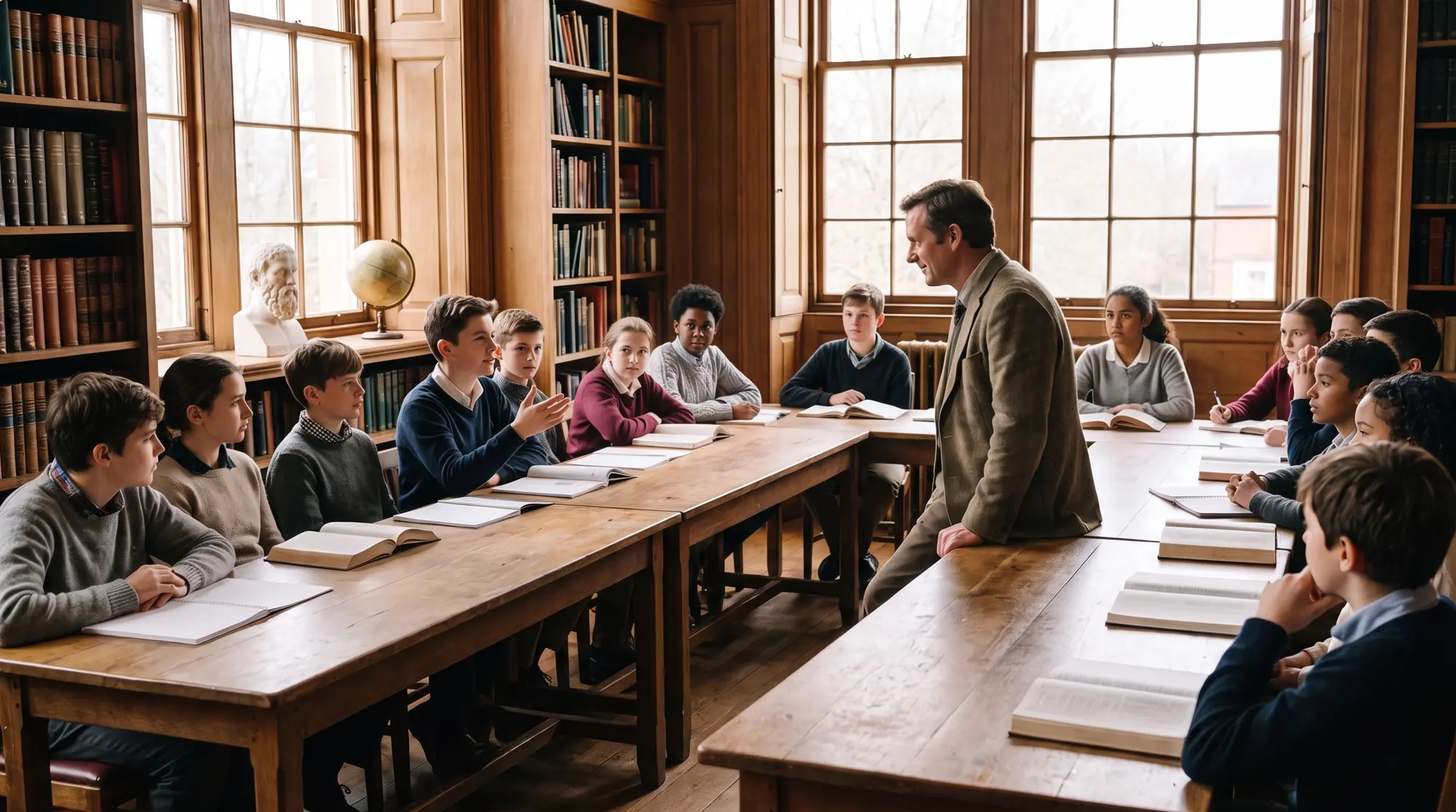 A classical-school discussion in a wood-paneled classroom: a teacher listens as a student speaks, with older students seated around long tables of open hardbound books, a bust and a globe on the windowsill.